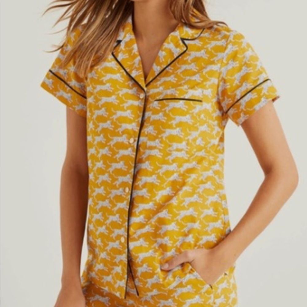 Boden Yellow Button Down Pajama TOP ONLY Sleep Shirt with Leopard Print, Size 6
